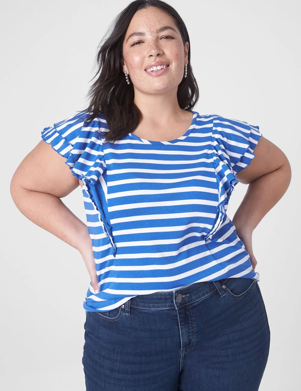 Classic Cap-Sleeve Striped Ruffle Tee