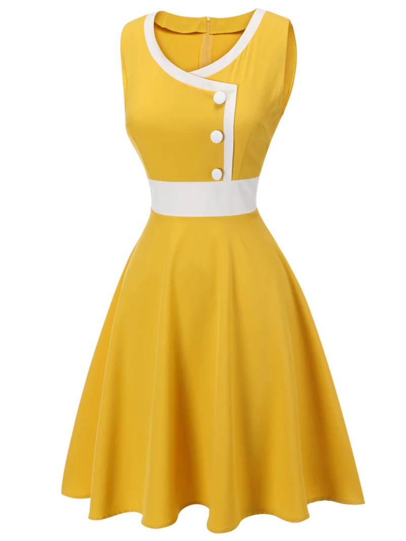 YELLOW & WHITE 1940S BUTTONS PATCHWORK DRESS