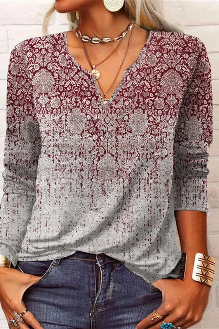 Vintage Print V-Neck Long Sleeve T-Shirt