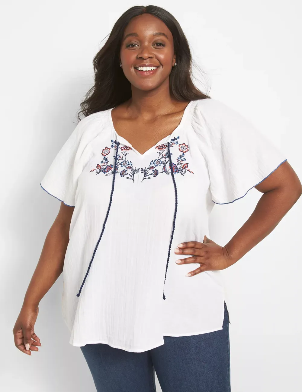 Classic Short-Sleeve Split-Neck Embroidered Top