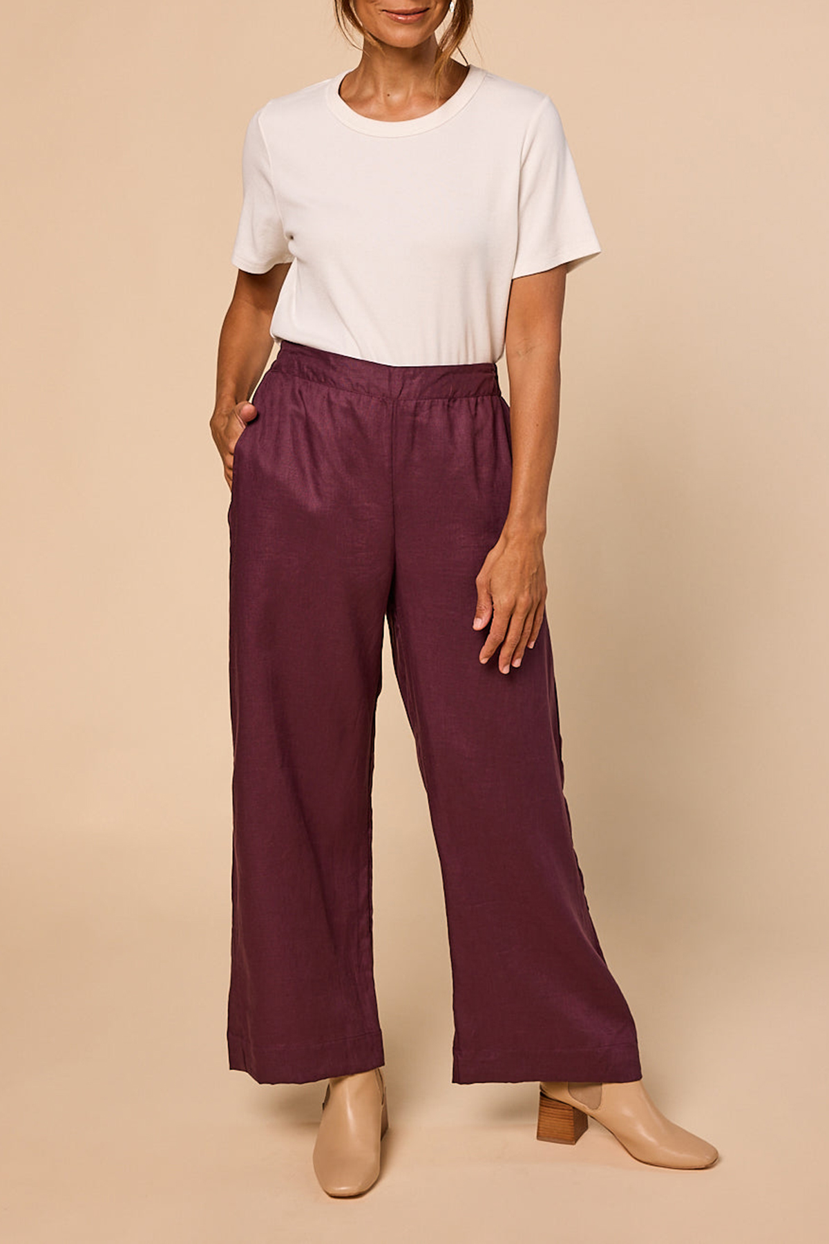 Camille Linen Wide Leg Pant in Plum