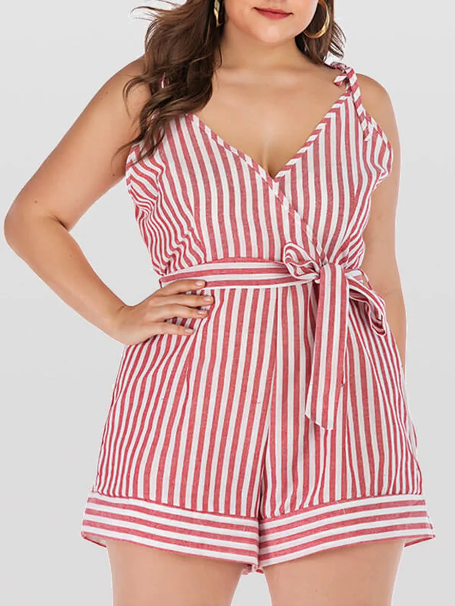 Plus Pink Crisscross Striped V-Neck Knot Side Romper