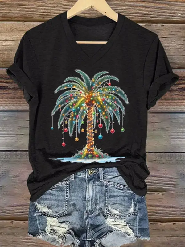 Women's Christmas Palm Tree Print T-Shirt