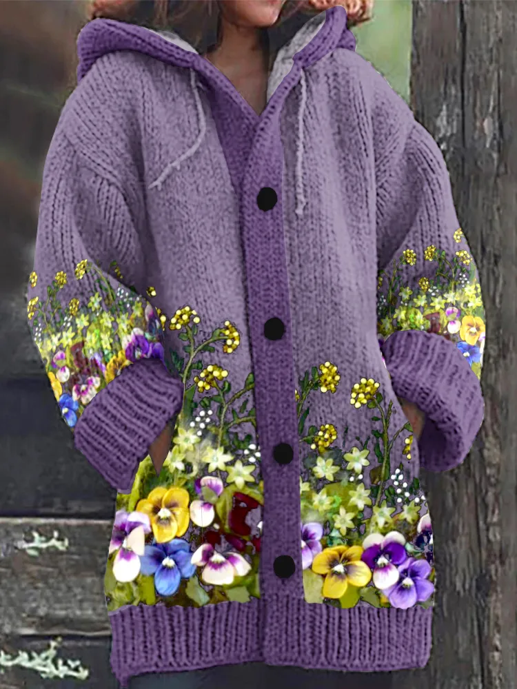 Pansy Floral Art Cozy Casual Hooded Long Cardigan