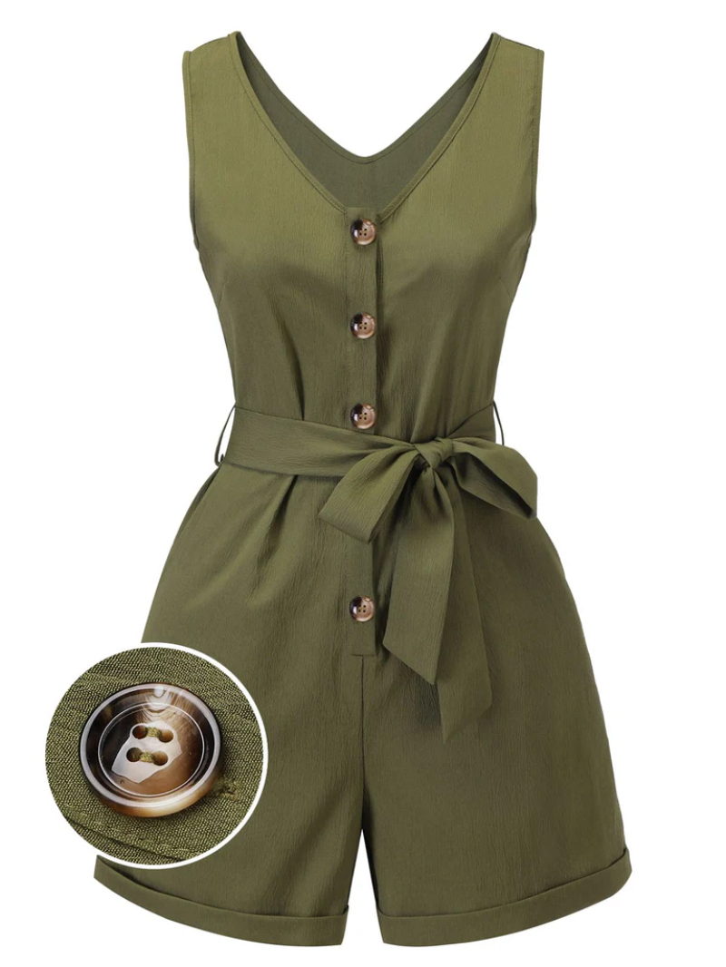 ARMY GREEN 1950S V-NECK BUTTON WAIST TIE ROMPER