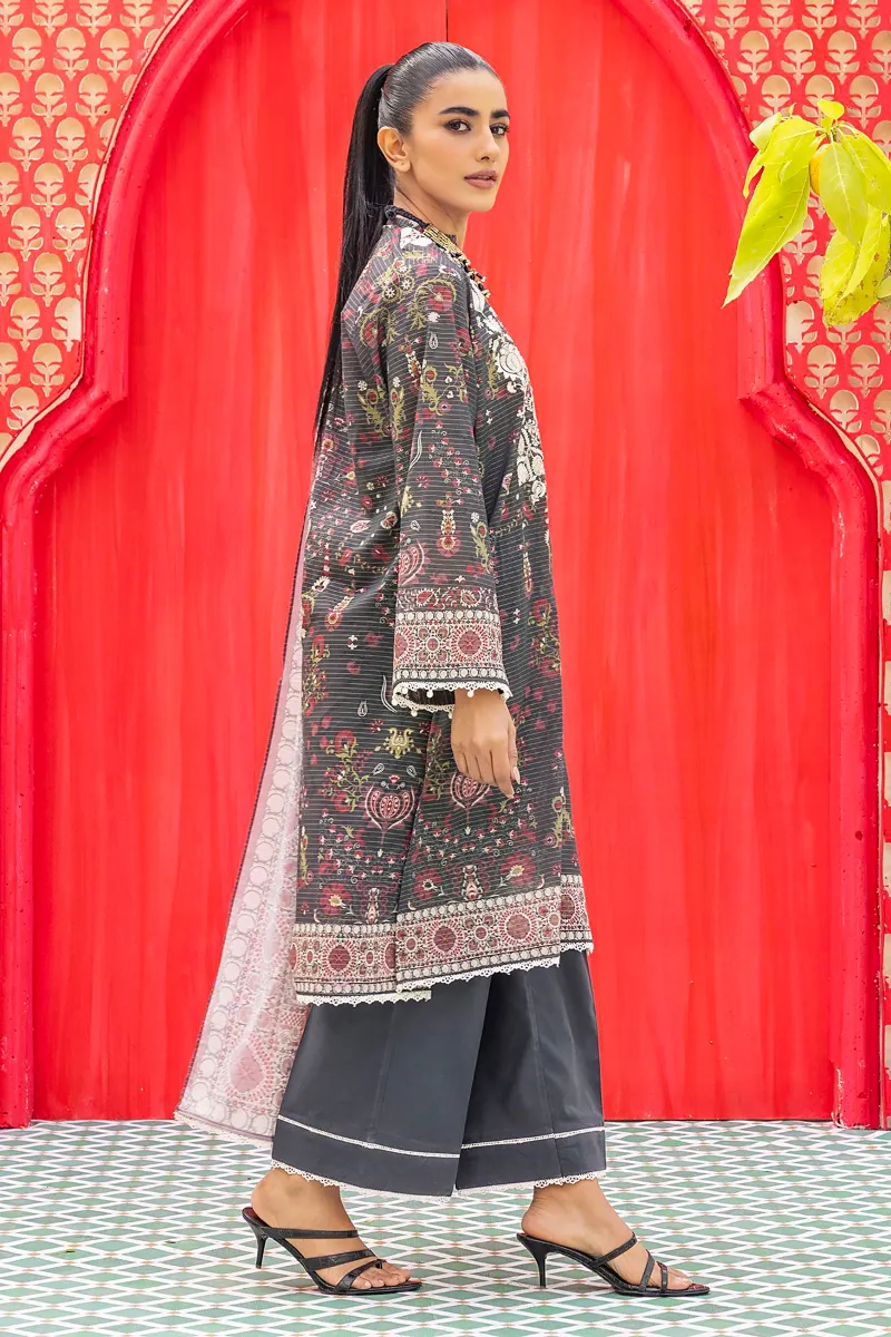 3 Piece Kurta Embroidered | Dupatta& Bottom & Tops | Color Dark gray