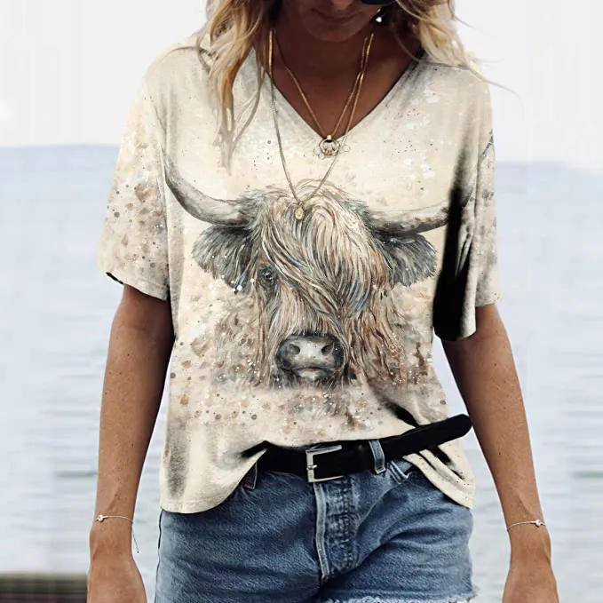 Vintage Western Cow Print V Neck Casual T-Shirt