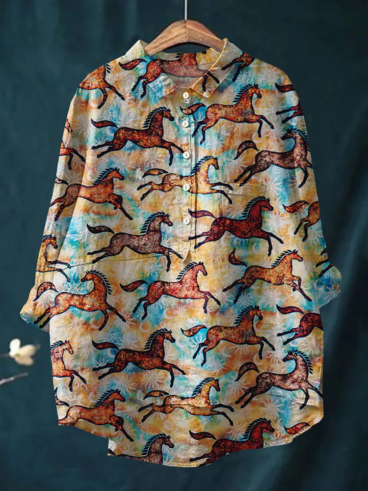 Women's Horse Art Print Casual Cotton and Linen Casual Shirt