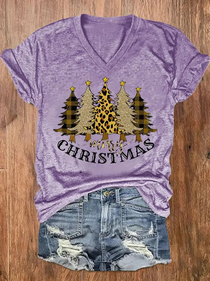 Women's Merry   Shiny Leopard   Tree V-Neck Tee