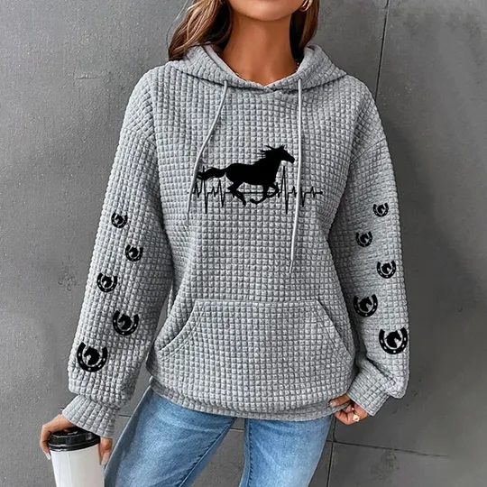 Horse Heartbeat Print Waffle Hoodie