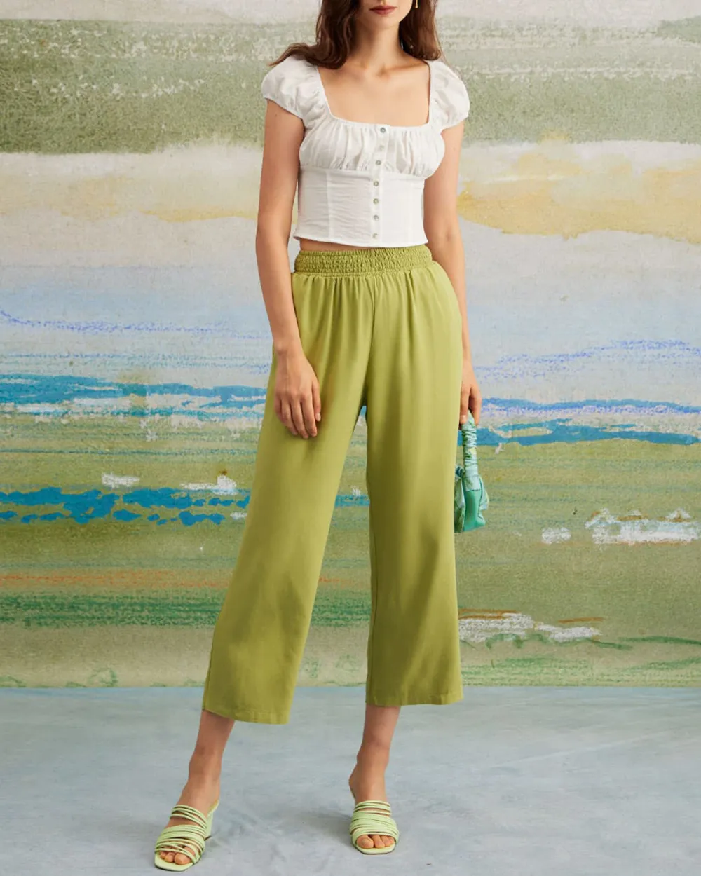 The Green Elastic Waist Straight Ninth Pants