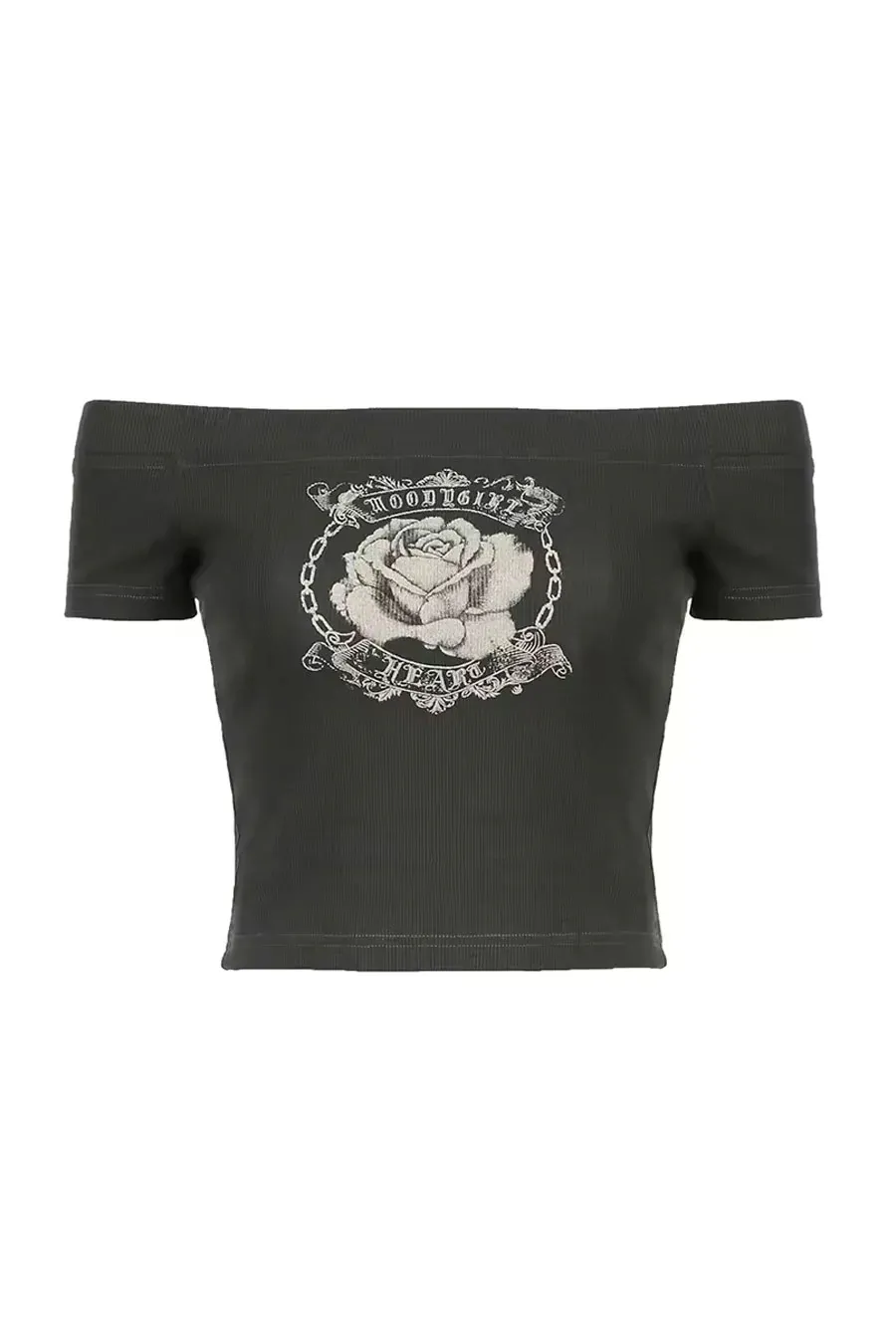 Y2K Acubi Rose Graphic Print Off-The-Shoulder Ribbed Crop Top