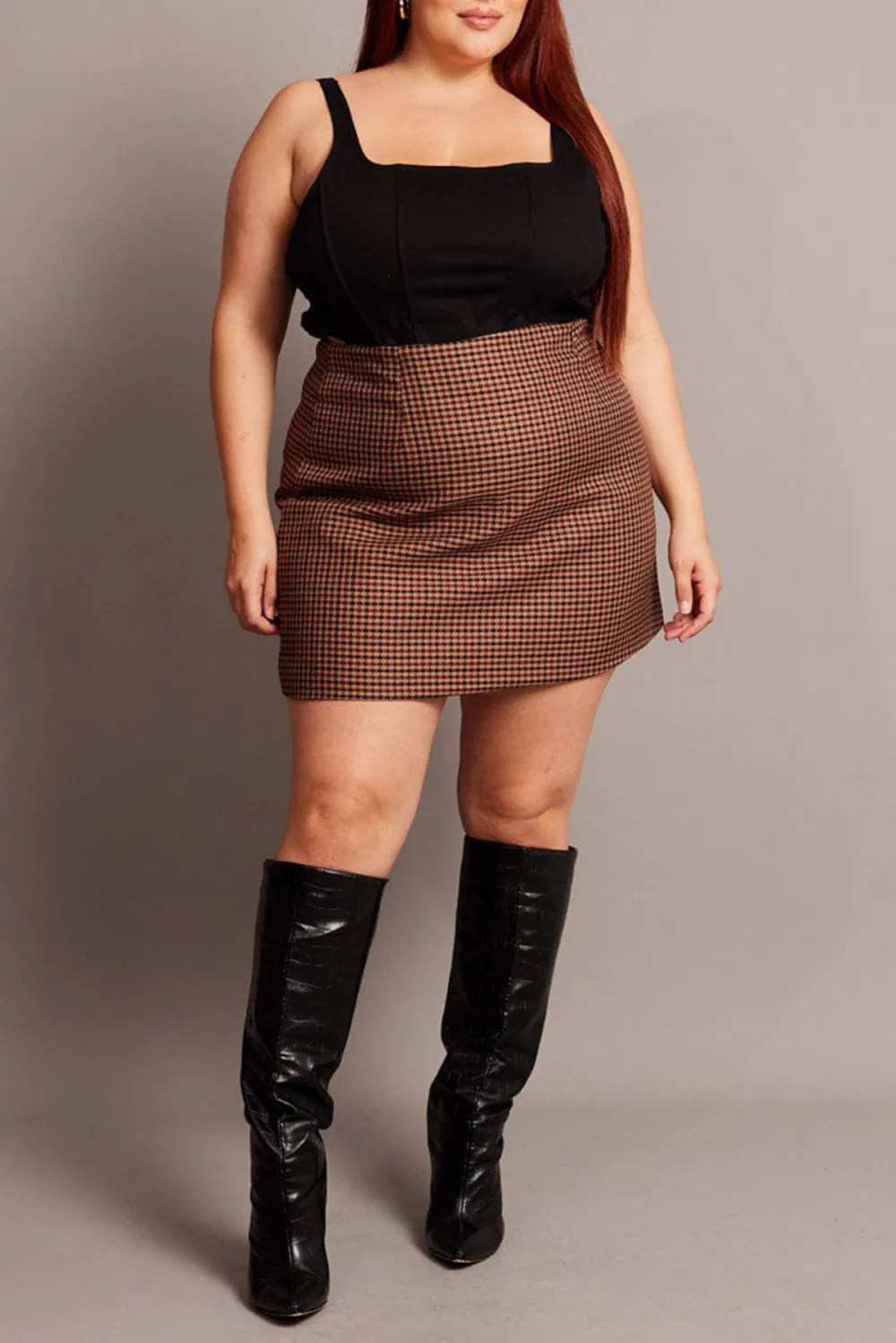 Brown Check Split Mini Skirt