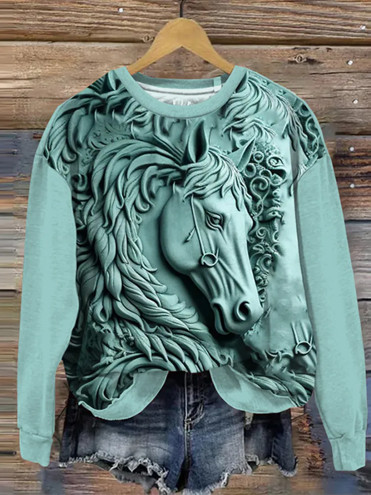 Western Horse Print Long Sleeve Sweatshirt