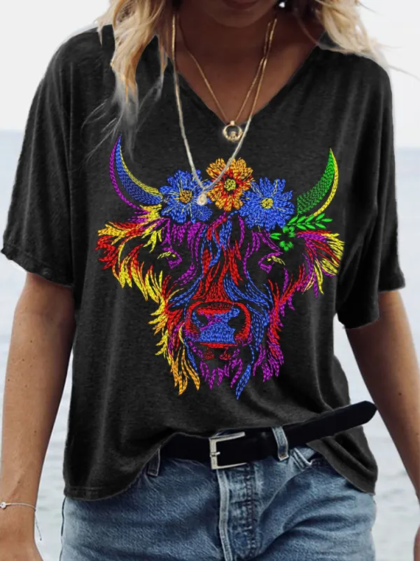 Highland Cow Colorful Embroidery Art Casual Short Sleeve T-Shirt