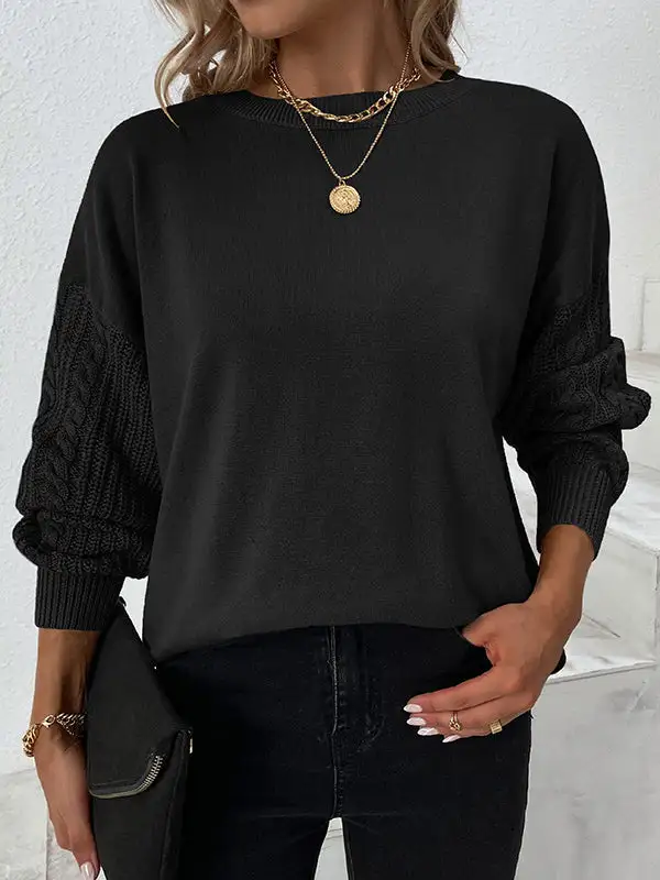 Knitted Twist Long Sleeves Solid Color Round-Neck Sweater Tops