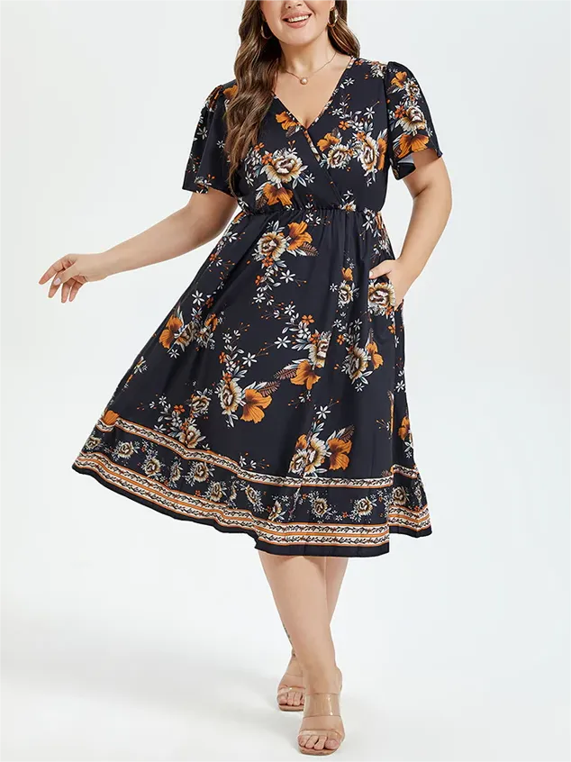 Floral Print V-Neck Butterfly Sleeve Elastic Waist Midi Dress