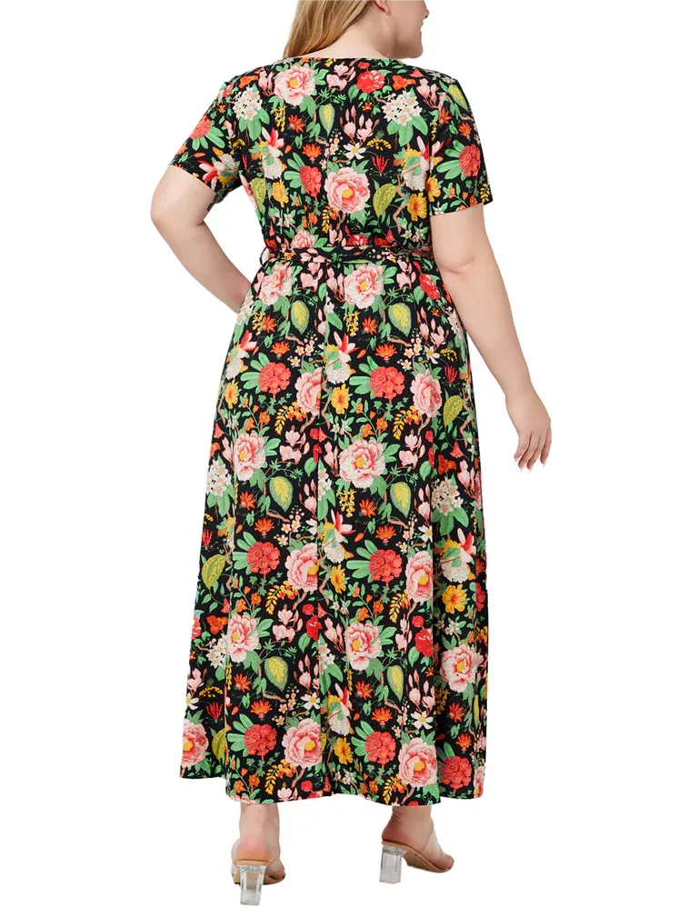 Floral V-Neck Belted Split Wrap Dress