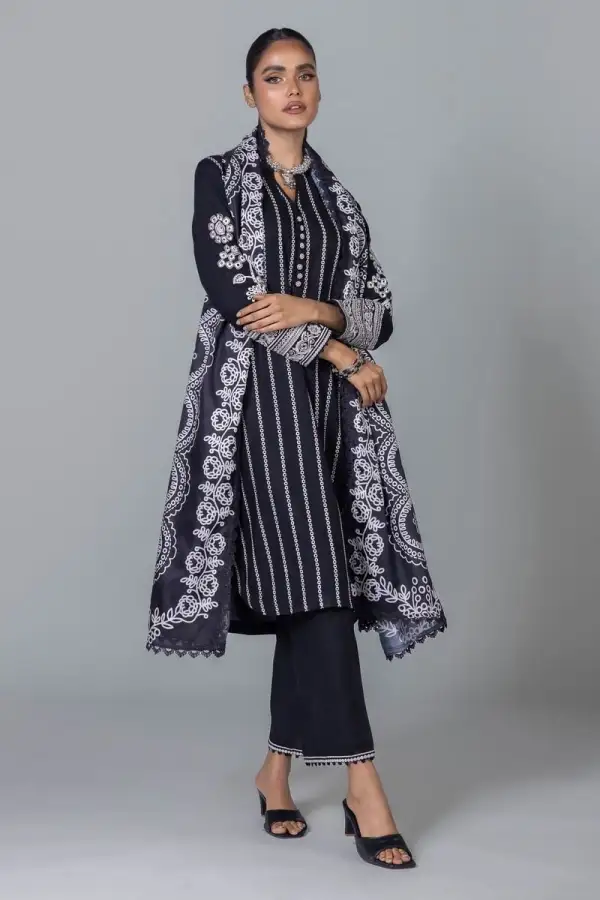 3 Piece Kurta Embroidered | Dupatta& Bottom & Tops | Color Black