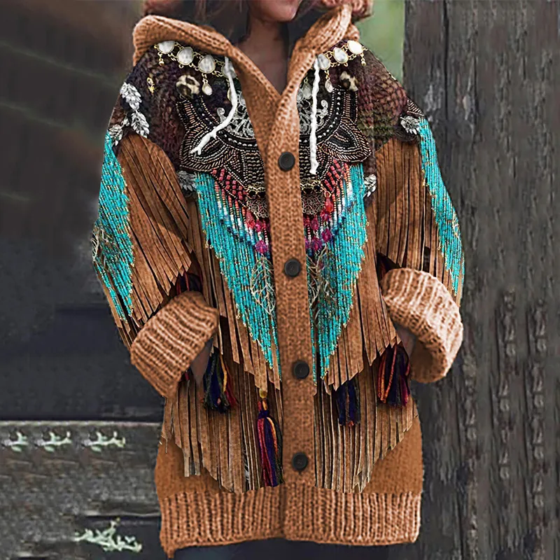 Western Fringe Print Knitted Hooded Cardigan