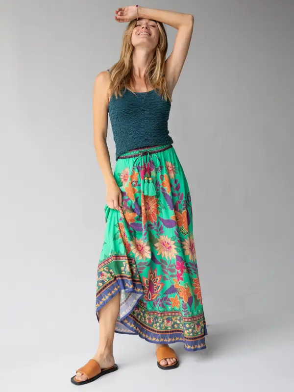 Milena Maxi Skirt - Green Bright Floral Border