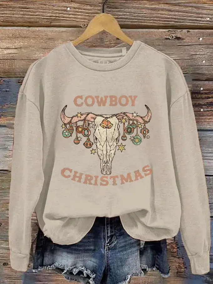 Women's Cowboy Christmas Bull Head Printed Sweatshirt