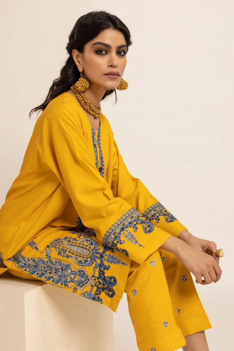 3 Piece Kurta Embroidered | Dupatta& Bottom & Tops | Color yellow