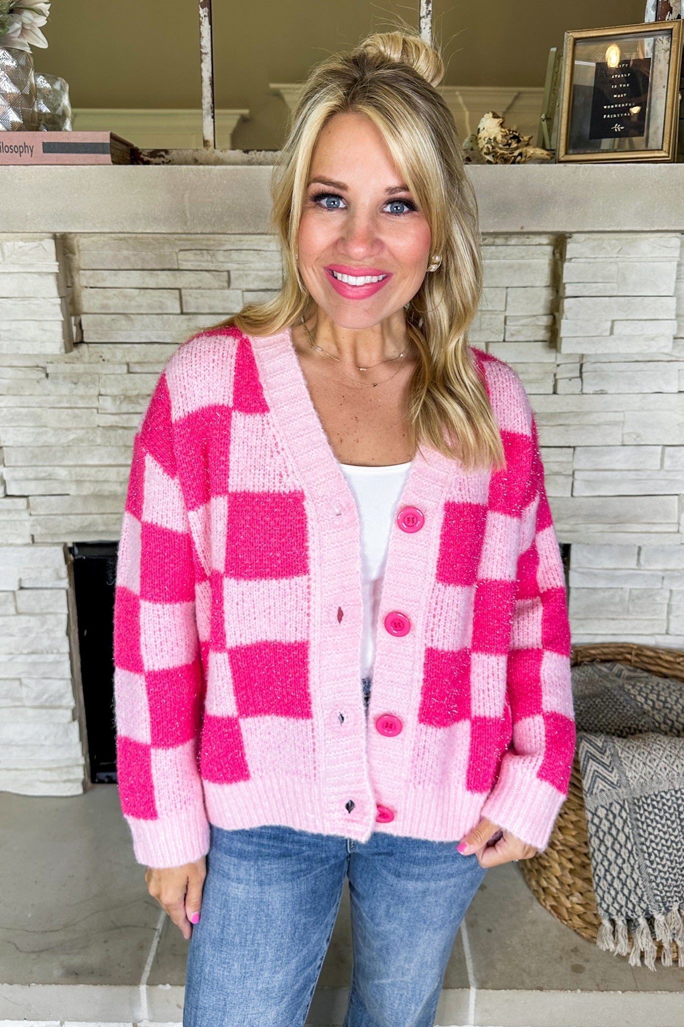 Pink Checkered V Neck Button Down Cardigan