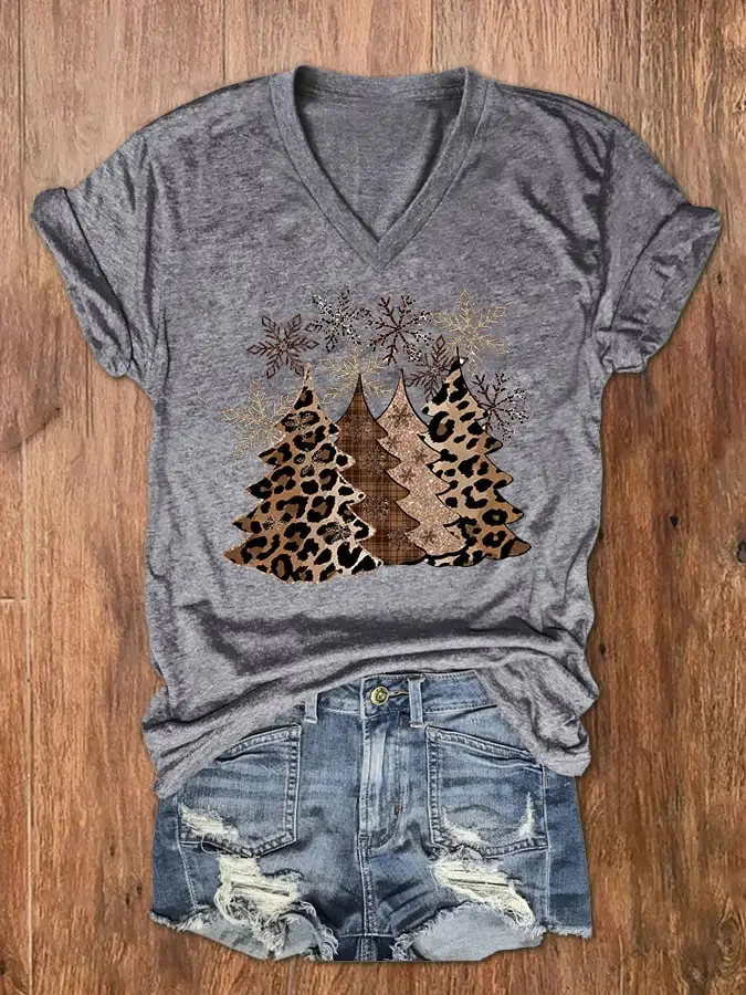 Women's Leopard   Tree Print V-Neck T-Shirt