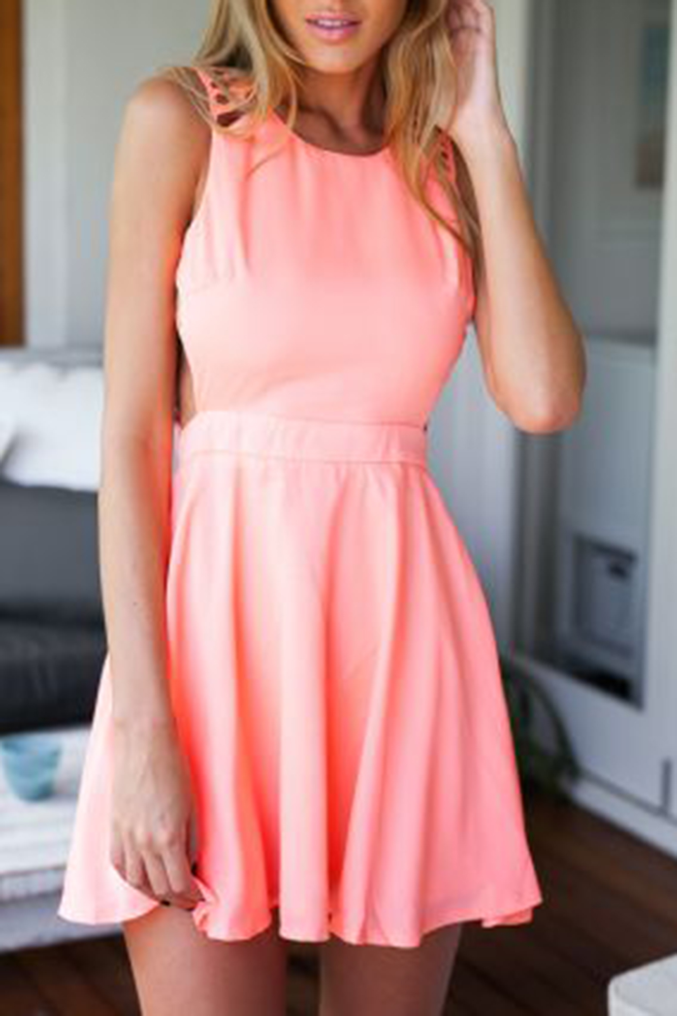 Peach Sleeveless Dress With Lattice Open Back