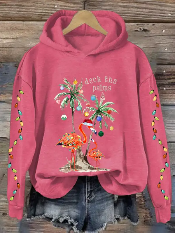 Women's Christmas Deck The Palms Print Hooded Sweatshirt