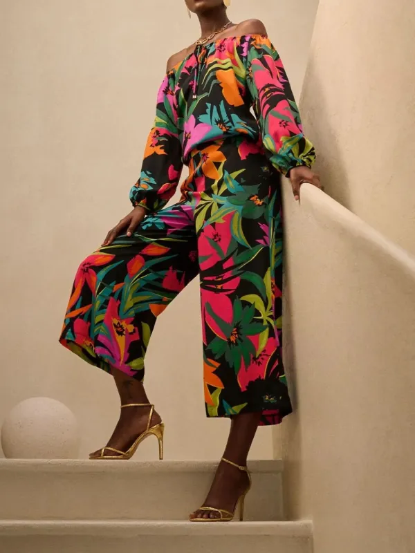 Gauze Tropical Print Culotte Pants