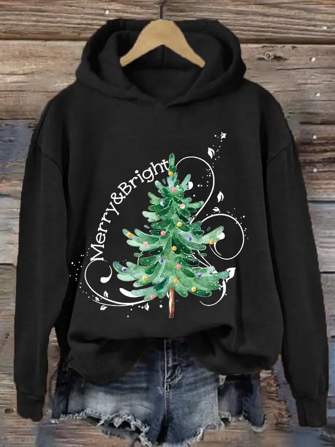 Women's Merry And Bright Christmas Tree Casual Hoodie