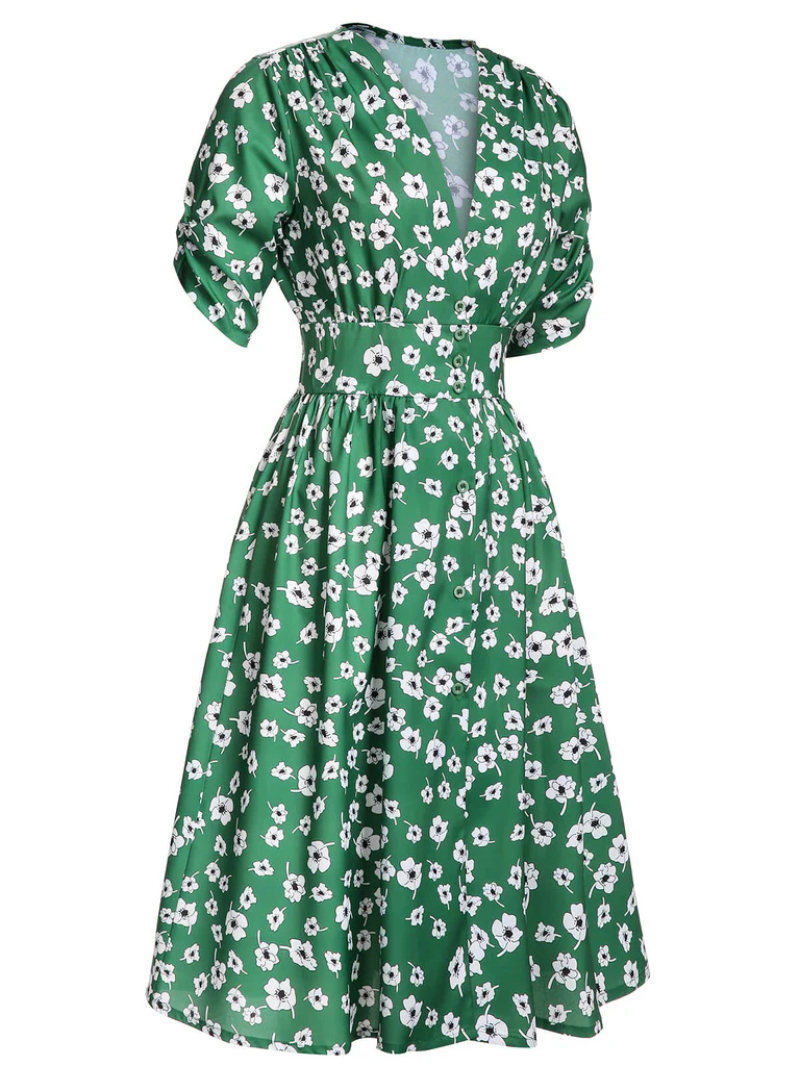 GREEN 1940S V-NECK FLORAL DRESS