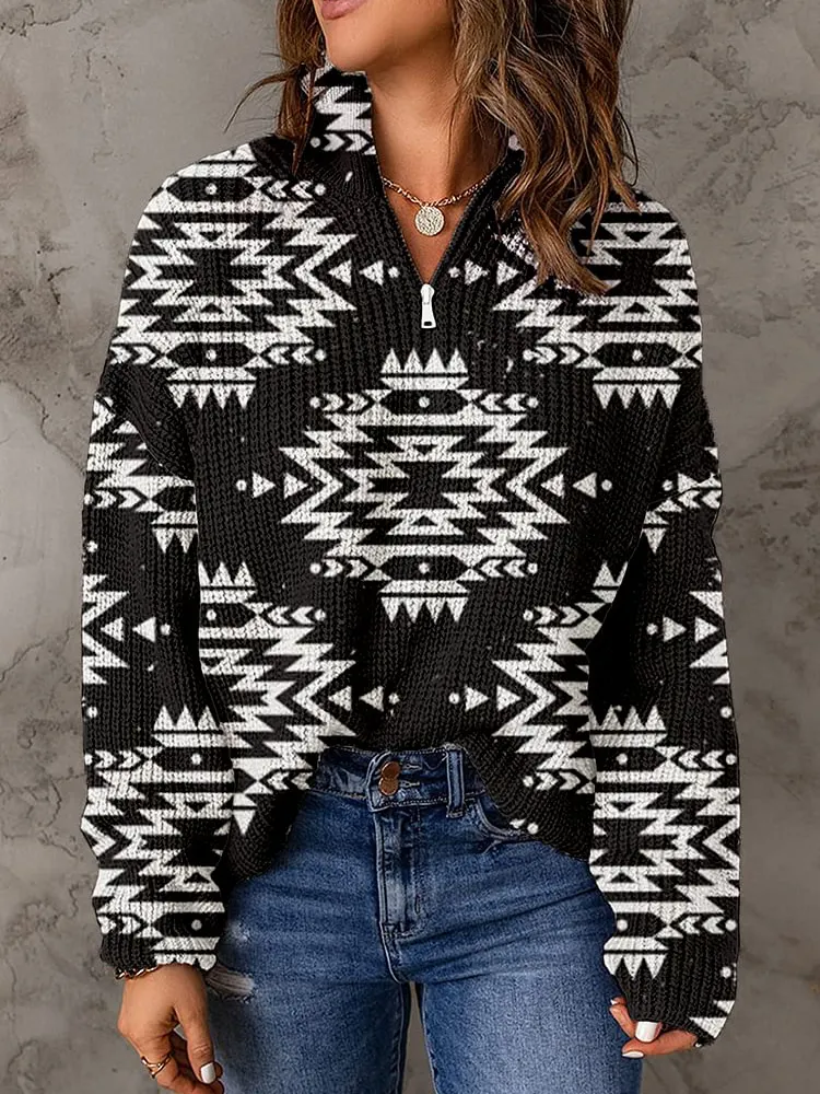 Women'S Retro Ethnic Print Zipper Collar Long Sleeves Sweater