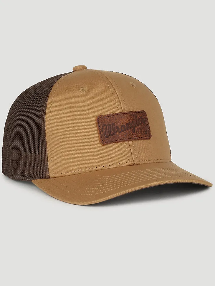 WRANGLER LEATHER PATCH BASEBALL CAP IN BROWN