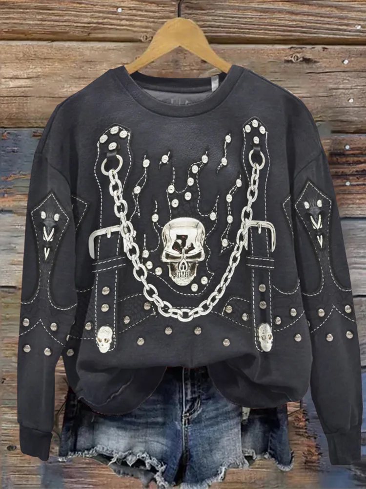 Halloween Western Skull Print Crew Neck Casual Sweatshirt