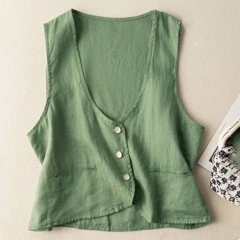 Literary and retro cotton and linen vest with top