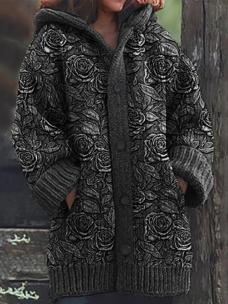 Roses Western Leather Art Pattern Cozy Hooded Cardigan