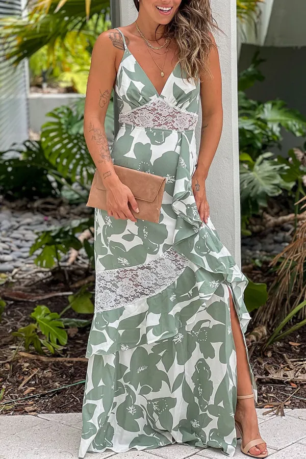 Mint Printed Maxi Dress With Lace Detail