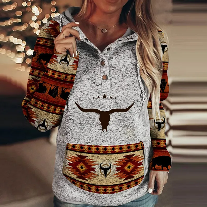 Western Print Paneled Long Sleeve Hoodie