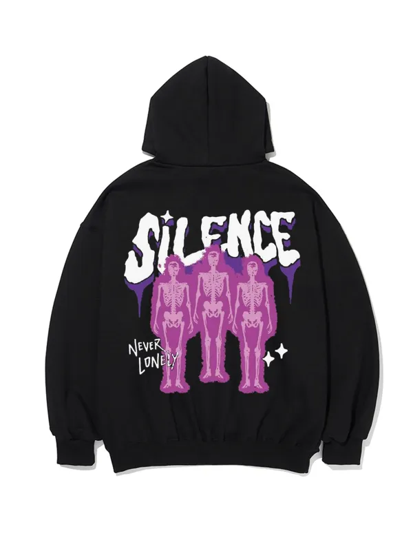 SILENCE NEVER LONELY PATTERN PRINTED HOODIE