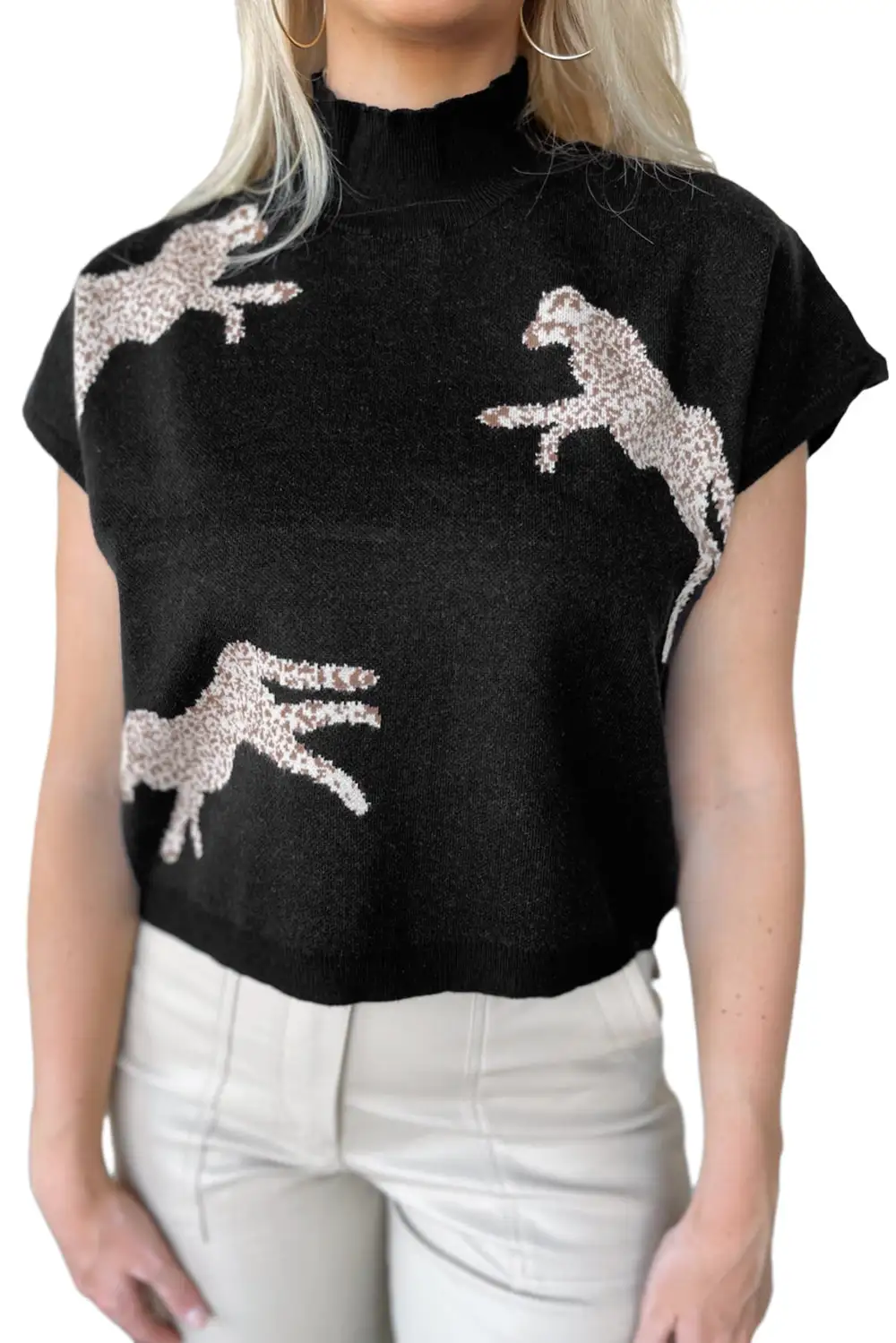 Lively Cheetah Pattern High Neck Short Sleeve Sweater