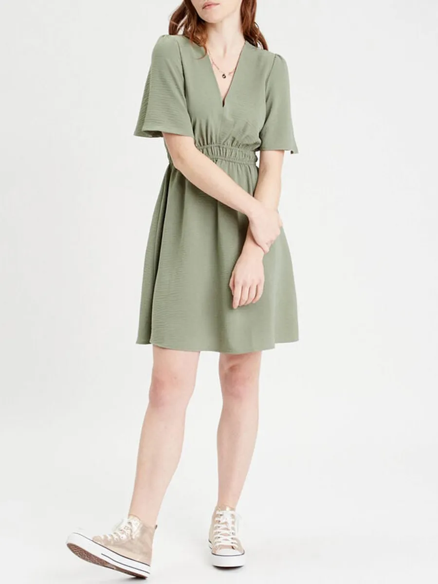 Robe évasée taille élastiquée vert kaki femme