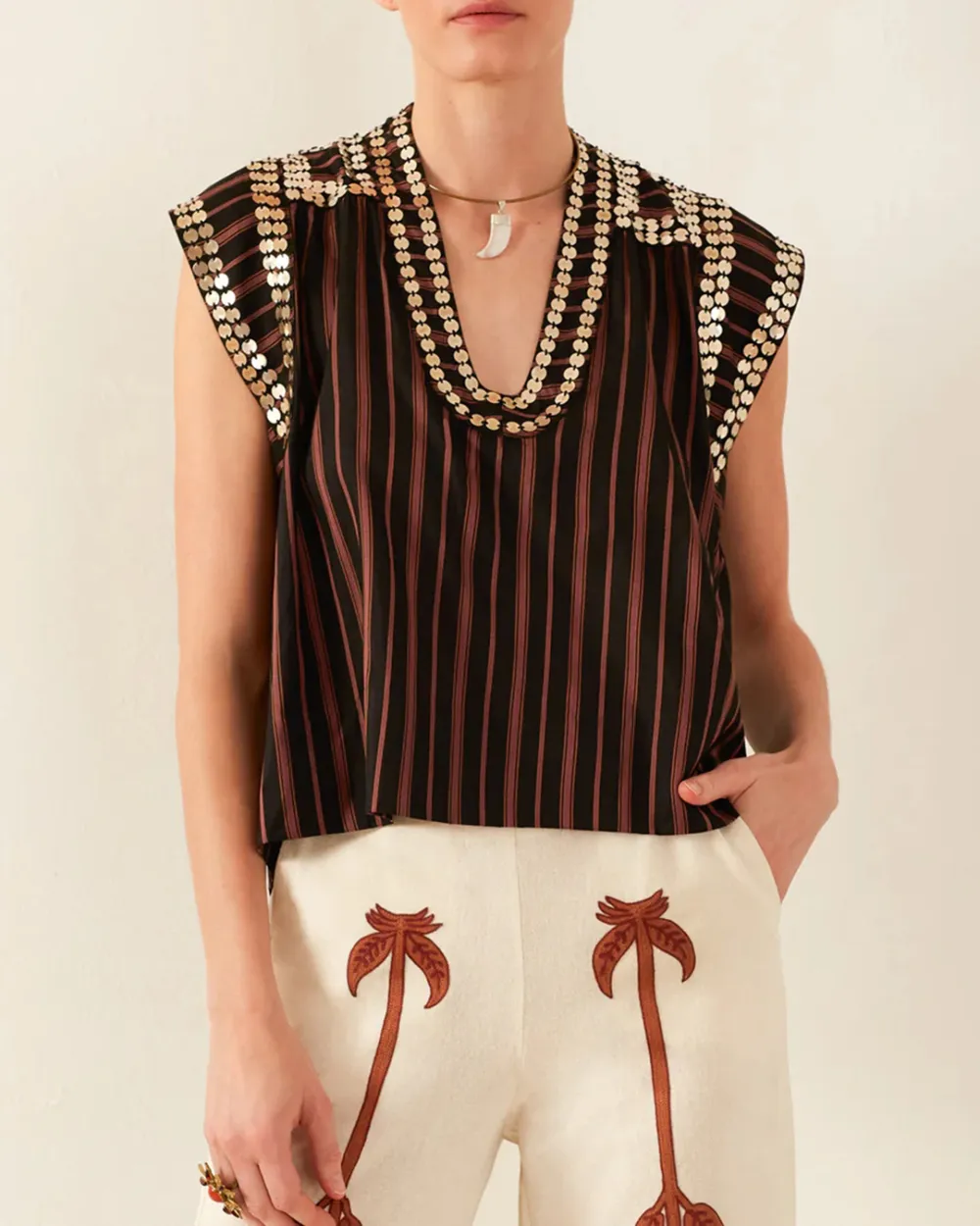 Deep V Neck Nehru Clove Stripe Coin Top