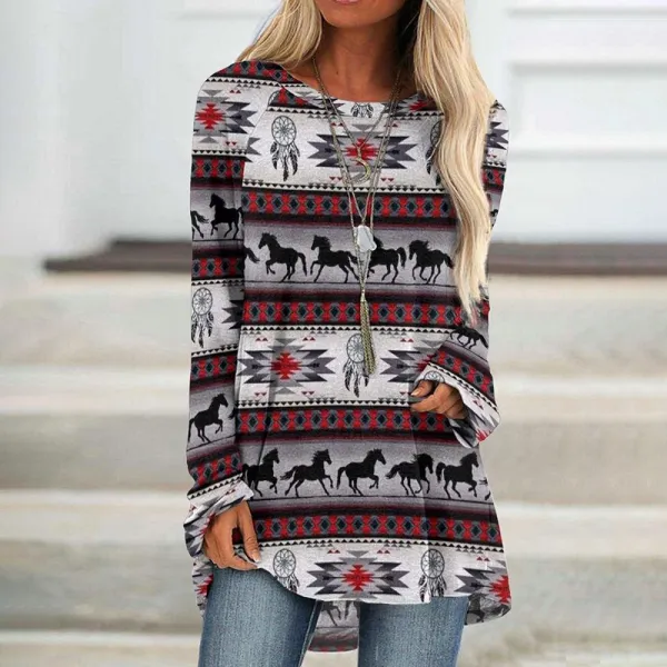 Casual Vintage Western Print Crew Neck Tunic