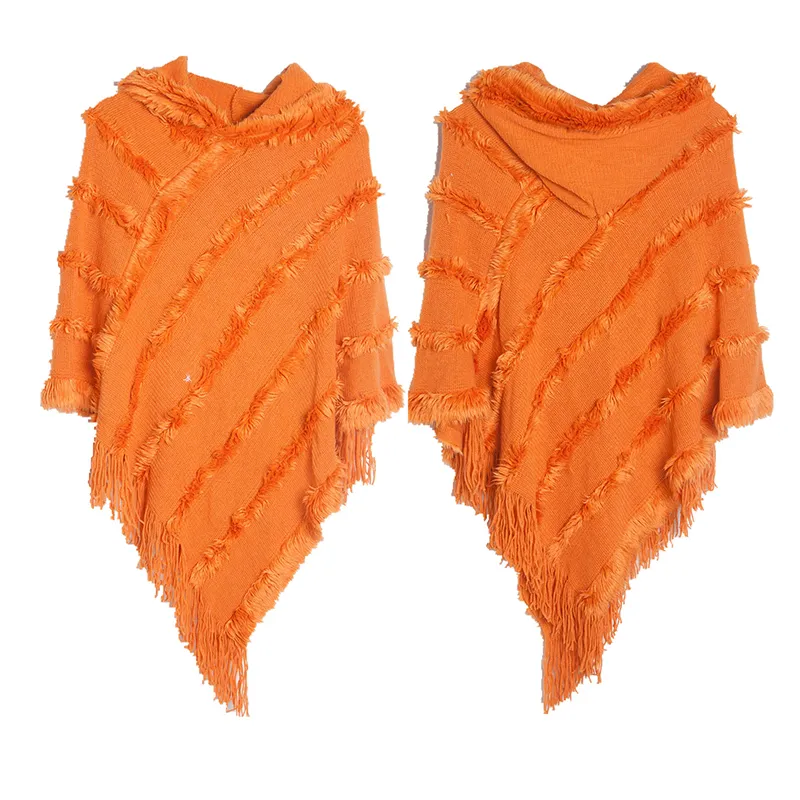 Vintage Solid Fringed Hooded Sweater Pullover Shawl