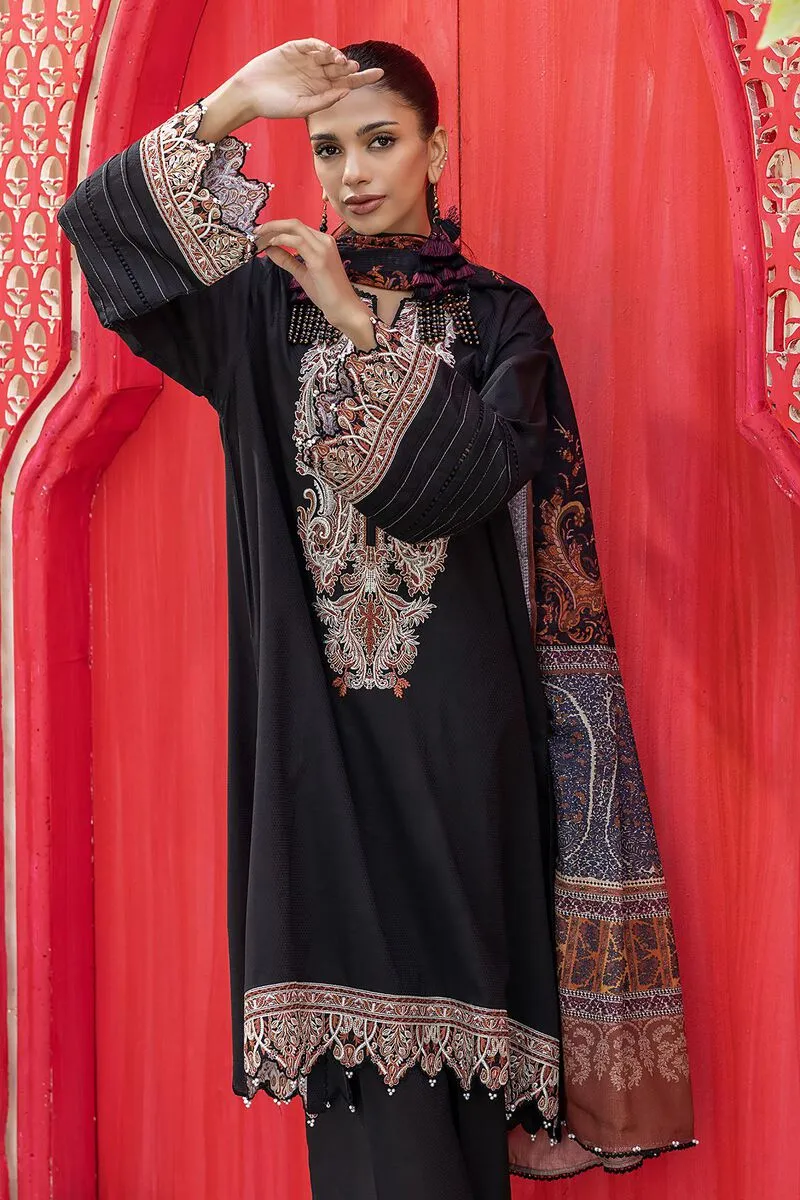 3 Piece Kurta Embroidered | Dupatta& Bottom & Tops | Color Black