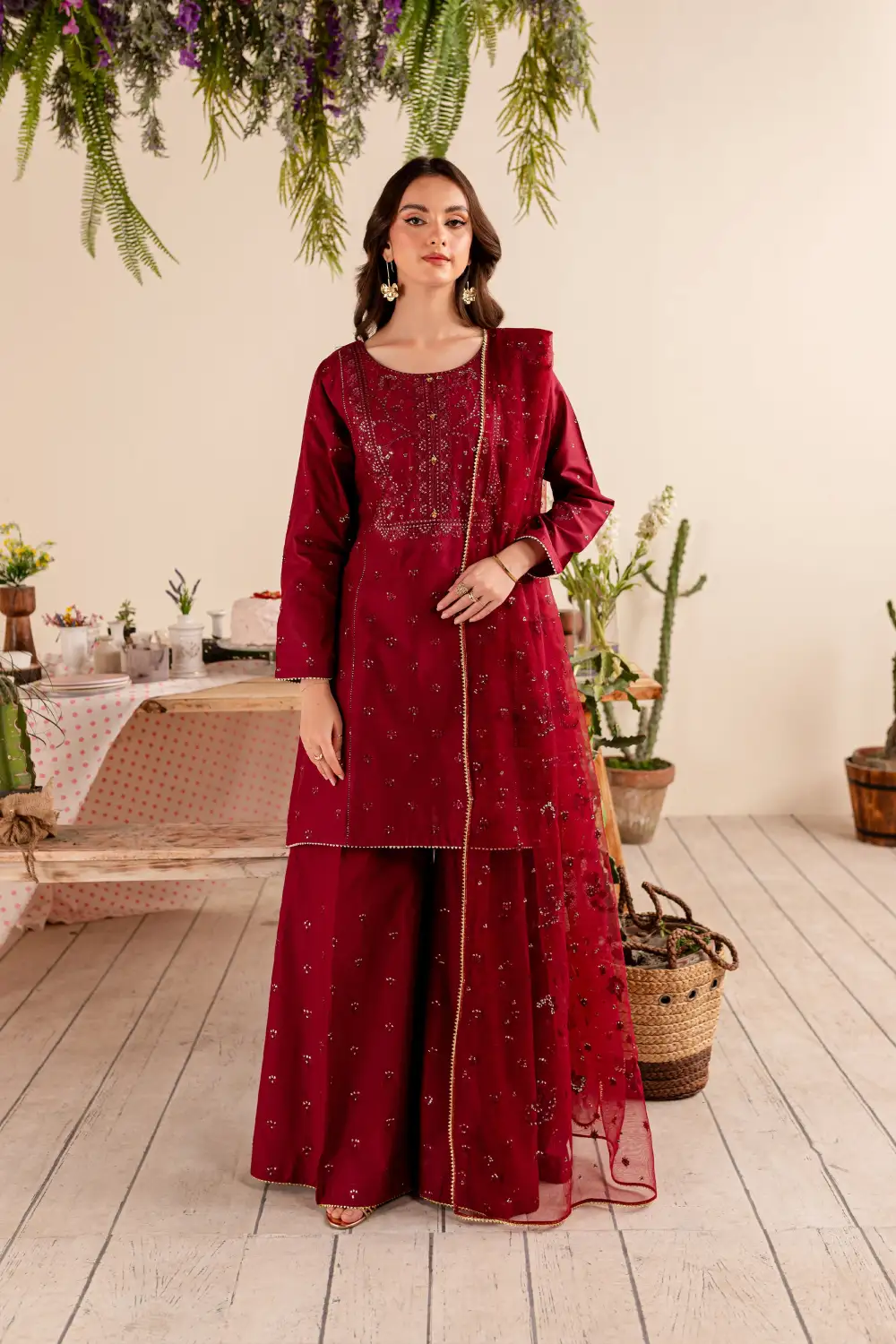 Maroon Sitara 3Pc - Embroidered Lawn Dress