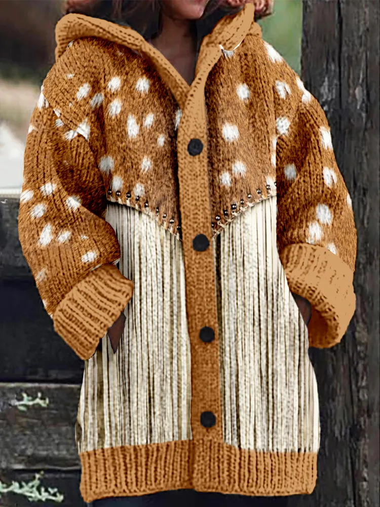 Western Deerskin Pattern Tassels Cozy Hooded Cardigan